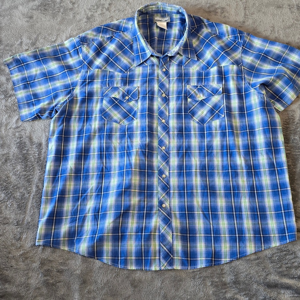 Wrangler Wrancher Mens Shirt 3X Blue Green Plaid Short Sleeve Western Pearl Snap